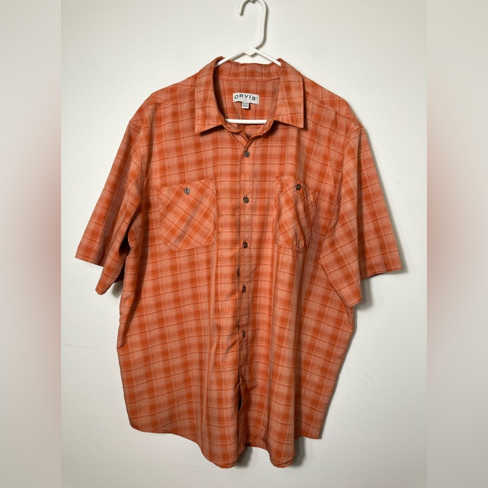 Orvis camp shirt button-down short sleeve 2XL Men’s Orange Plaid Polyester Hike‎